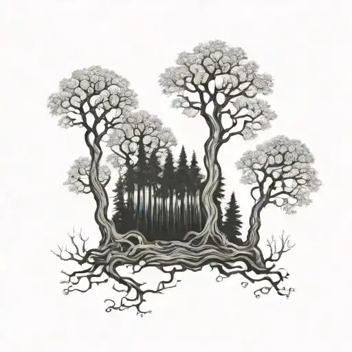 A mystical forest tattoo with hidden family initials carved into the trees tattoo design idea