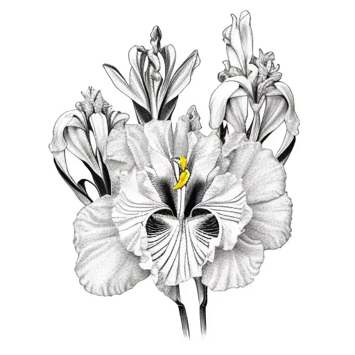 A black-grey tattoo of a botanical garden with various plants, including iris, daffodil, rose, and cosmos tattoo design idea