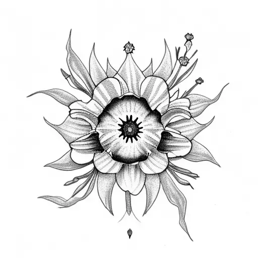 A dotwork tattoo of a celestial plant with iris, daffodil, rose, and cosmos petals forming constellations tattoo design idea
