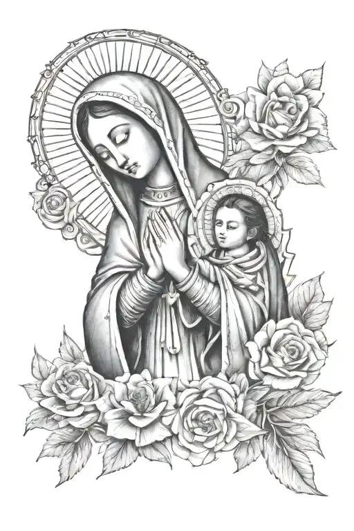Virgen de Guadalupe with baby jesus cross tattoo design idea