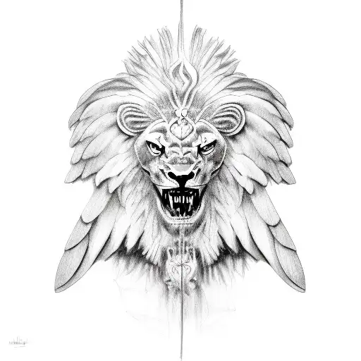 mystic creepy creature with two pairs of wings, with four faces of a lion, ox, human and eagle, tattoo design idea