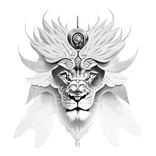 mystic creepy creature with two pairs of wings, with four faces of a lion, ox, human and eagle, tattoo design idea