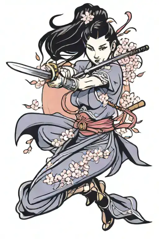 An artistic representation of Mulan wielding a cherry blossom sword tattoo design idea