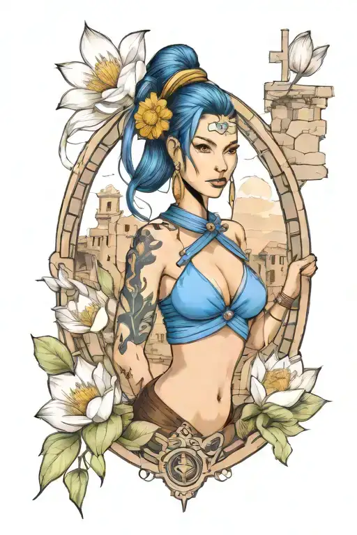 A travel-themed tattoo featuring Kitana from Mortal Kombat exploring ancient ruins with a lotus flower in her hair tattoo design idea