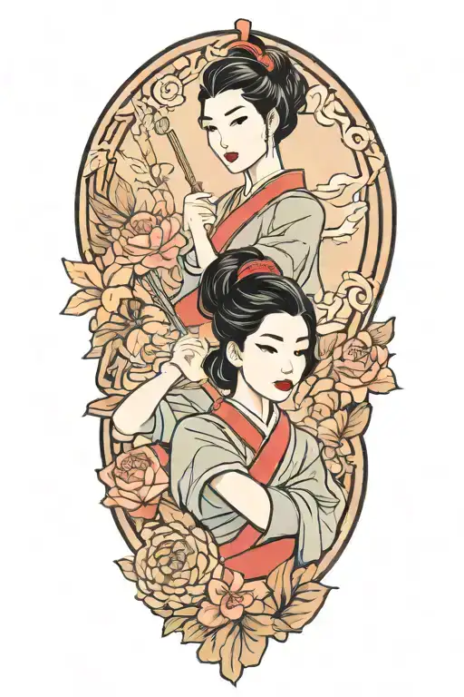 A tattoo design of Mulan holding a makeup brush, representing the fusion of beauty and strength tattoo design idea