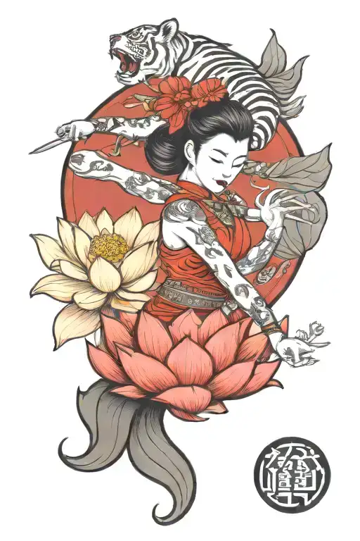 lotus flower blooming, red moon, female warrior, tiger tattoo design idea