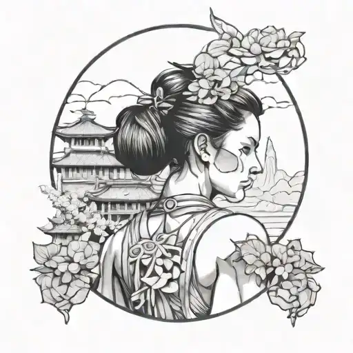 A travel-themed tattoo featuring Kitana from Mortal Kombat exploring ancient ruins with a lotus flower in her hair tattoo design idea