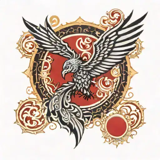 A strength symbol in the form of a phoenix rising from the ashes, surrounded by ornamental patterns and a red moon in the background tattoo design idea