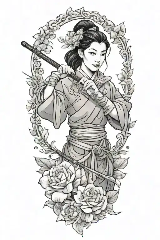 A tattoo design of Mulan holding a makeup brush, representing the fusion of beauty and strength tattoo design idea