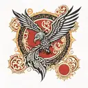 A strength symbol in the form of a phoenix rising from the ashes, surrounded by ornamental patterns and a red moon in the background tattoo design idea