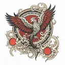 A strength symbol in the form of a phoenix rising from the ashes, surrounded by ornamental patterns and a red moon in the background tattoo design idea