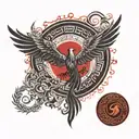 A strength symbol in the form of a phoenix rising from the ashes, surrounded by ornamental patterns and a red moon in the background tattoo design idea