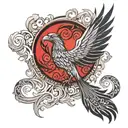 A strength symbol in the form of a phoenix rising from the ashes, surrounded by ornamental patterns and a red moon in the background tattoo design idea