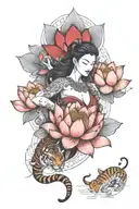 lotus flower blooming, red moon, female warrior, tiger tattoo design idea