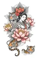 lotus flower blooming, red moon, female warrior, tiger tattoo design idea