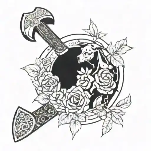 Odin symbolism and great dane axe made from roses tattoo design idea