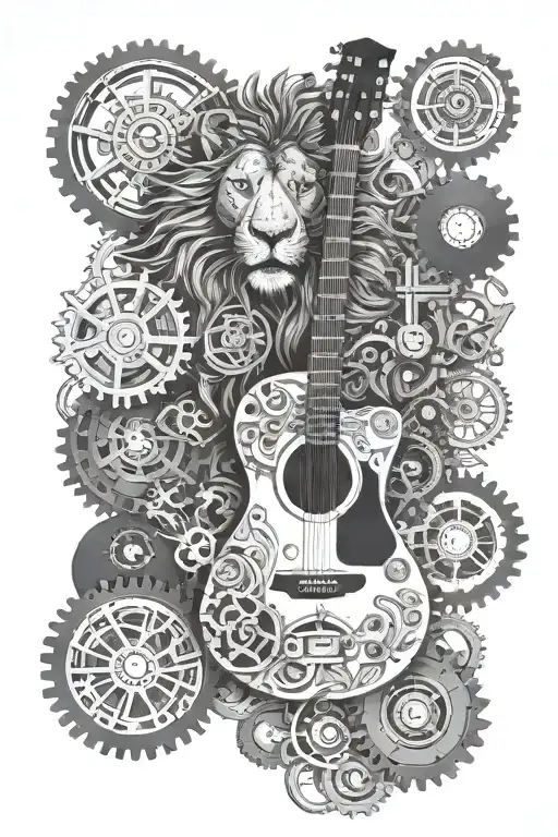 electric  guitar built with cogs, gears and other machine parts surounded by a lion and raven  tattoo design idea