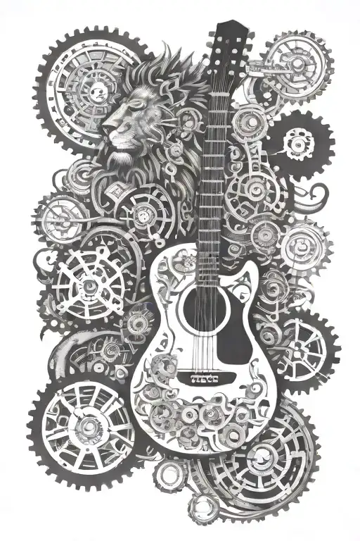 electric  guitar built with cogs, gears and other machine parts surounded by a lion and raven  tattoo design idea