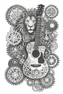 electric  guitar built with cogs, gears and other machine parts surounded by a lion and raven  tattoo design idea
