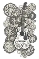 electric  guitar built with cogs, gears and other machine parts surounded by a lion and raven  tattoo design idea