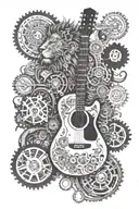 electric  guitar built with cogs, gears and other machine parts surounded by a lion and raven  tattoo design idea