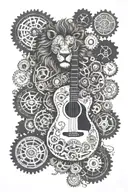 electric  guitar built with cogs, gears and other machine parts surounded by a lion and raven  tattoo design idea