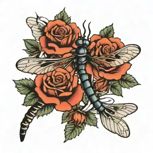 simple thick blackline dragonfly with roses intertwined tattoo design idea