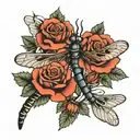 simple thick blackline dragonfly with roses intertwined tattoo design idea
