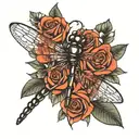 simple thick blackline dragonfly with roses intertwined tattoo design idea