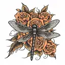 simple thick blackline dragonfly with roses intertwined tattoo design idea