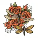 simple thick blackline dragonfly with roses intertwined tattoo design idea