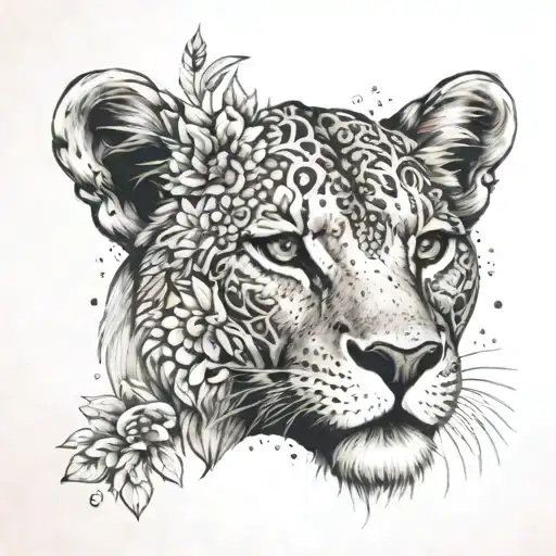 An ornamental lioness portrait with fleur accents and delicate linework details tattoo design idea