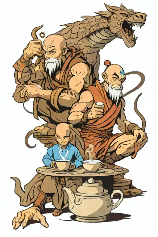 Aang and iroh sitting for some tea. backlit with uh to show aang in the avatar state and iroh as the dragon of the west  tattoo design idea