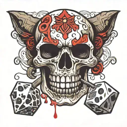 skull with D&D dice in mouth open tattoo design idea