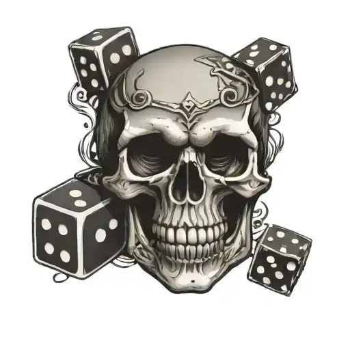 skull with dungeons and dragons dice placed inside mouth of skull tattoo design idea