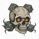skull with dungeons and dragons dice placed inside mouth of skull tattoo design idea
