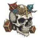 skull with dungeons and dragons dice placed inside mouth of skull tattoo design idea