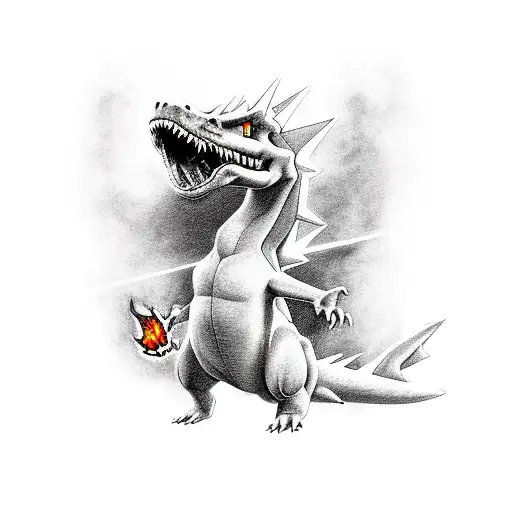 A realistic portrait of Charizard breathing fire tattoo design idea