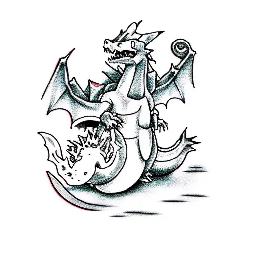 Charizard battling its rival Dragonite in a traditional Japanese style tattoo design idea