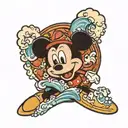 Mickey Mouse surfing wave tattoo design idea