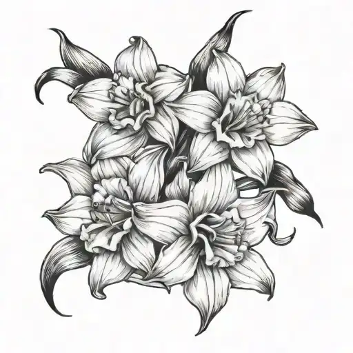 4 daffodil flowers, 1 violet flower, 2 daisy flowers, 1 lily flower, 1 gladiolus flower, and 1 narcissus flower tattoo design idea
