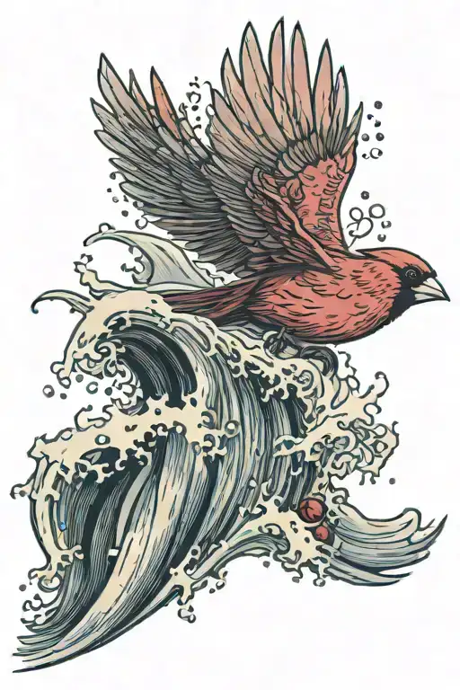 A majestic cardinal flying over a crashing wave forming tattoo design idea