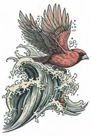 A majestic cardinal flying over a crashing wave forming tattoo design idea