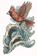 A majestic cardinal flying over a crashing wave forming tattoo design idea