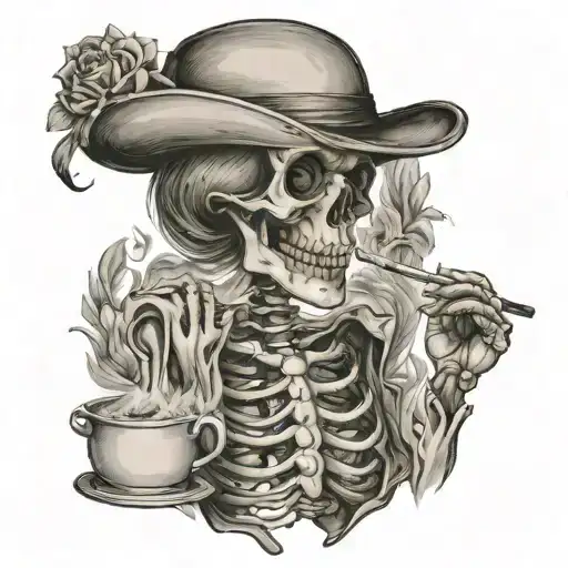 Female Skeleton smoking a cigarette tattoo design idea