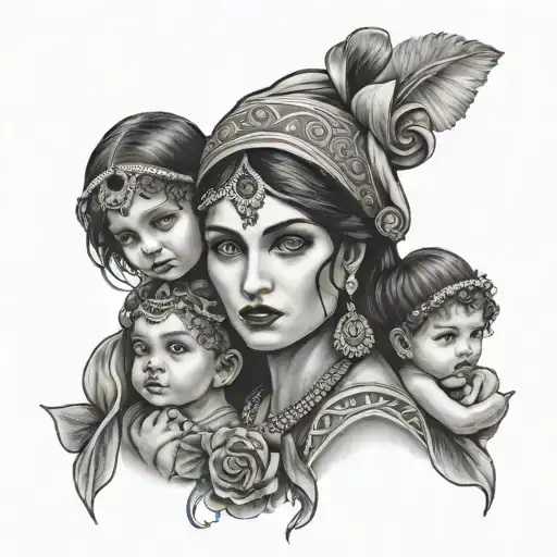gypsy head woman holding two babies tattoo design idea
