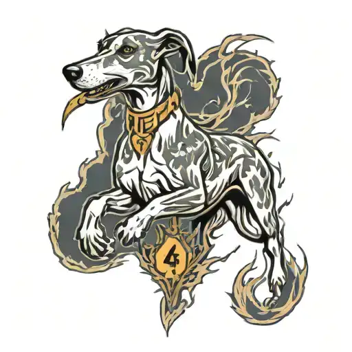 mean greyhound running with lightning and  maple leaf and number 4 tattoo design idea