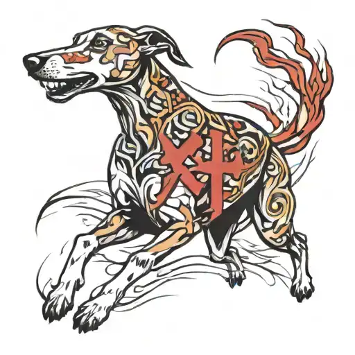 mean greyhound running with lightning and  maple leaf and number 4 colors red white and black tattoo design idea