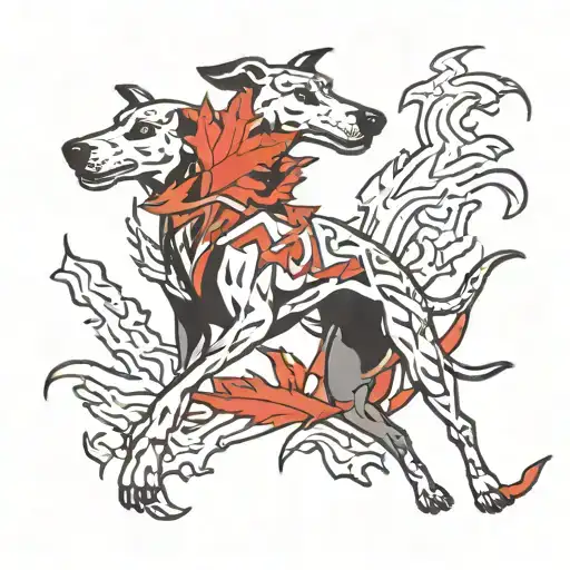 mean greyhound running with lightning and  maple leaf and number 4 colors red white and black tattoo design idea