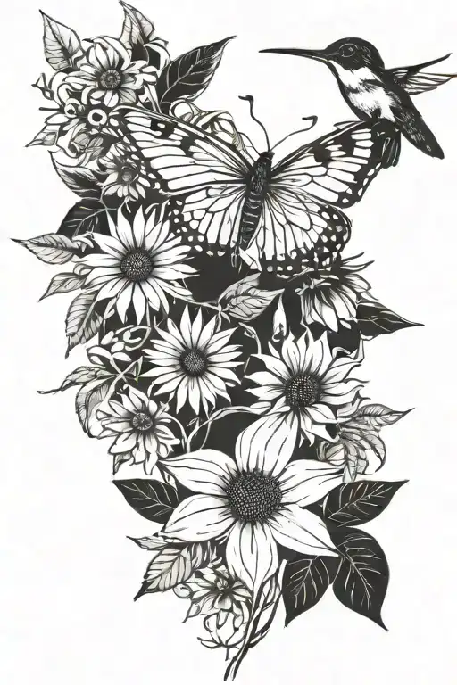 wrapped vines, daisy, sunflower, buckeye flower, hummingbird, butterfly  tattoo design idea